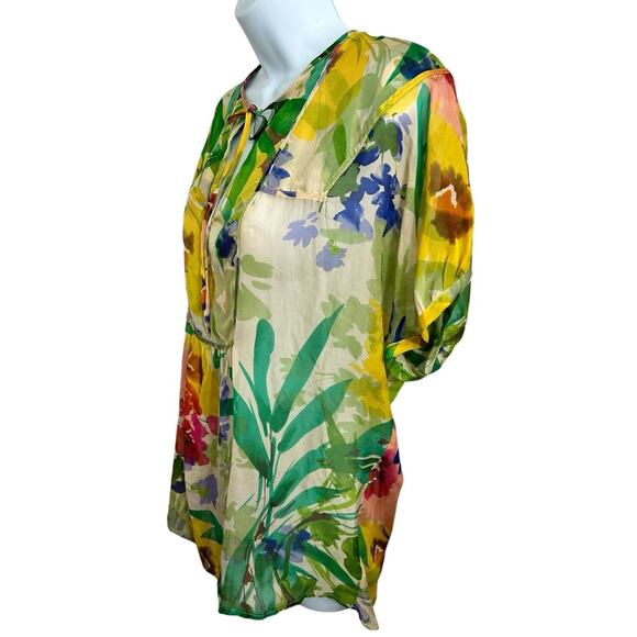 Jenny Han Colorful Watercolor Floral Blouse Sz XS 100% Silk Oversized Semi-Sheer - Picture 4 of 11